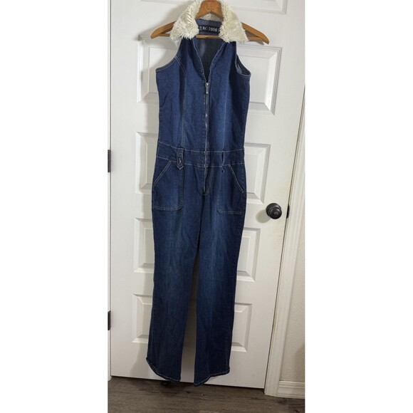 VTG AC-3998 Denim Jumpsuit Womens L Sherpa Collar Dark Wash Bootcut Y2K Festival - Picture 1 of 14